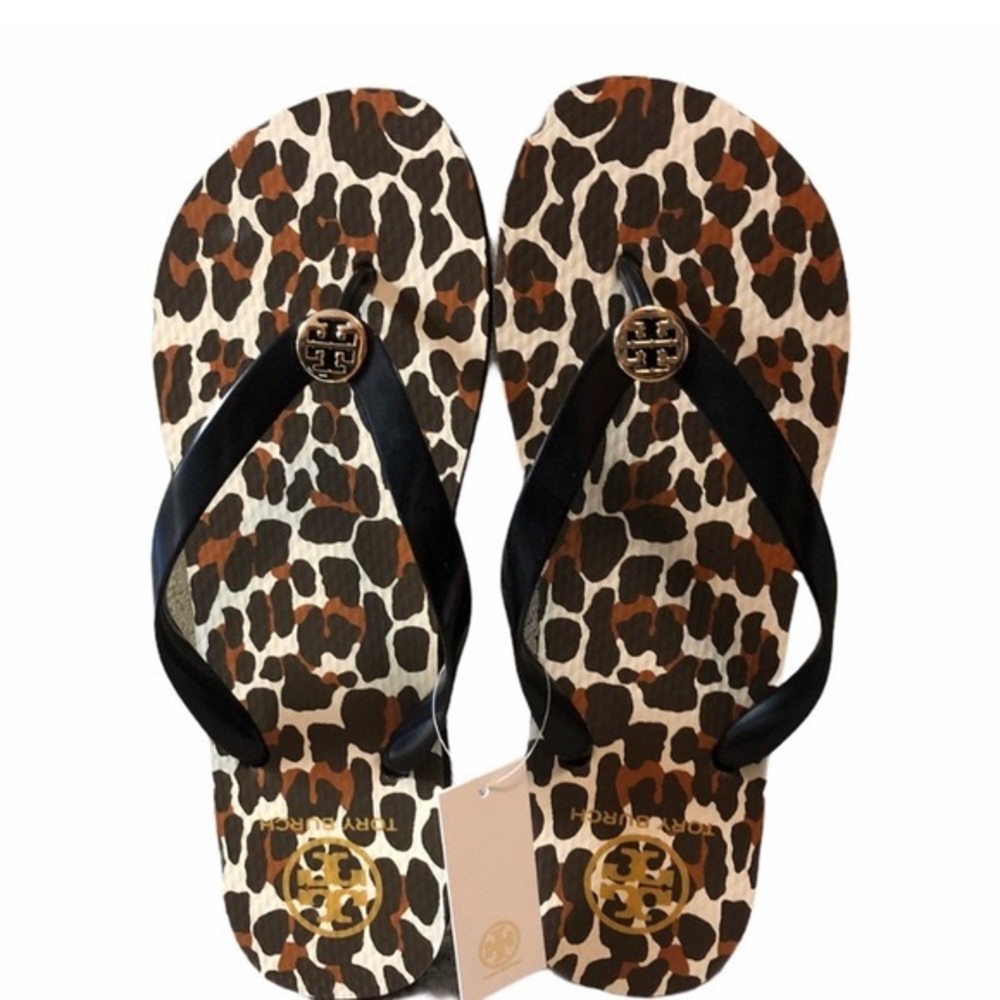 Tory Burch Black Leopard print Flip Flops